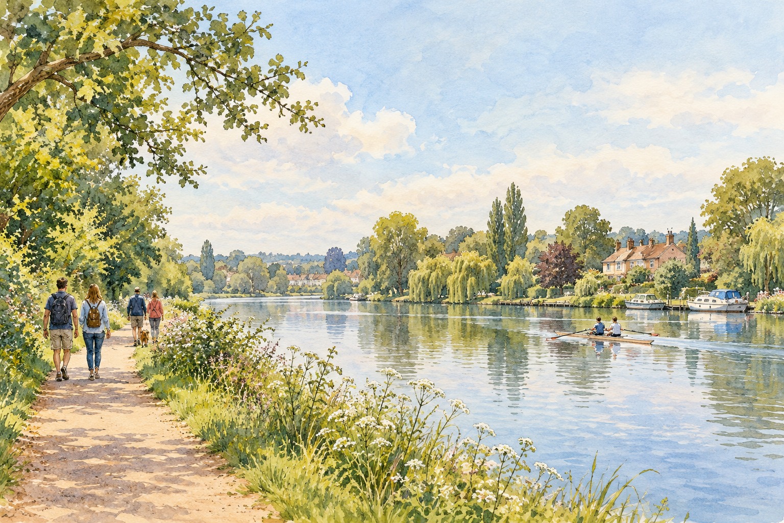 Representative watercolour of a Thames-side path near Caversham; not a mapped walking route